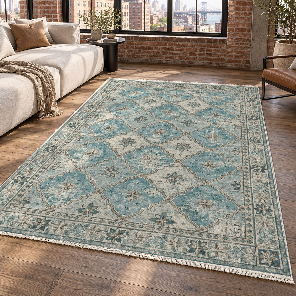 Weathered Mosaic Turquoise Blue Vintage Washable Rug — new york living