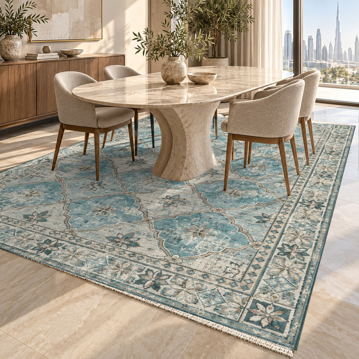 Weathered Mosaic Turquoise Blue Vintage Washable Rug — dubai dining