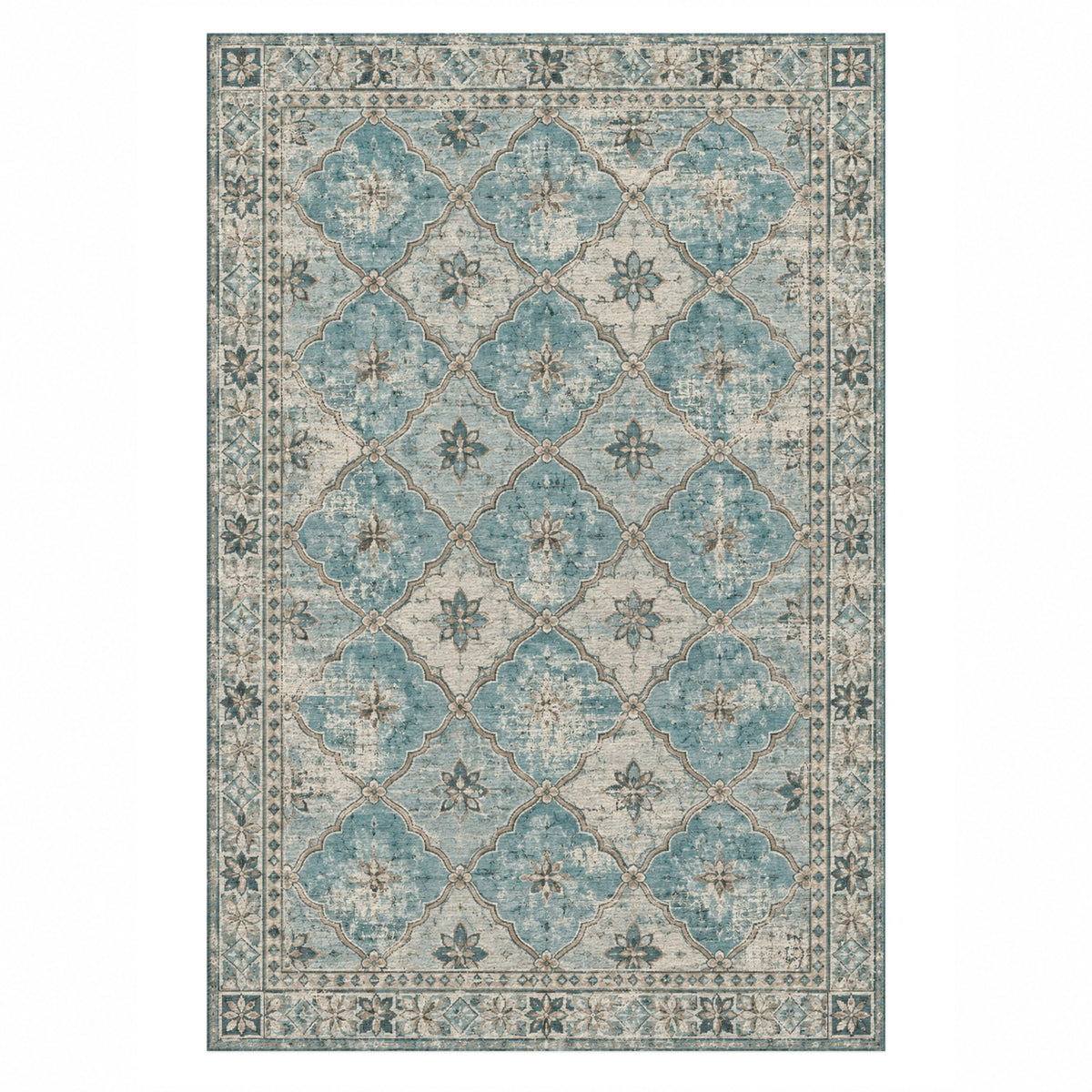 Weathered Mosaic Turquoise Blue Vintage Washable Rug — top view
