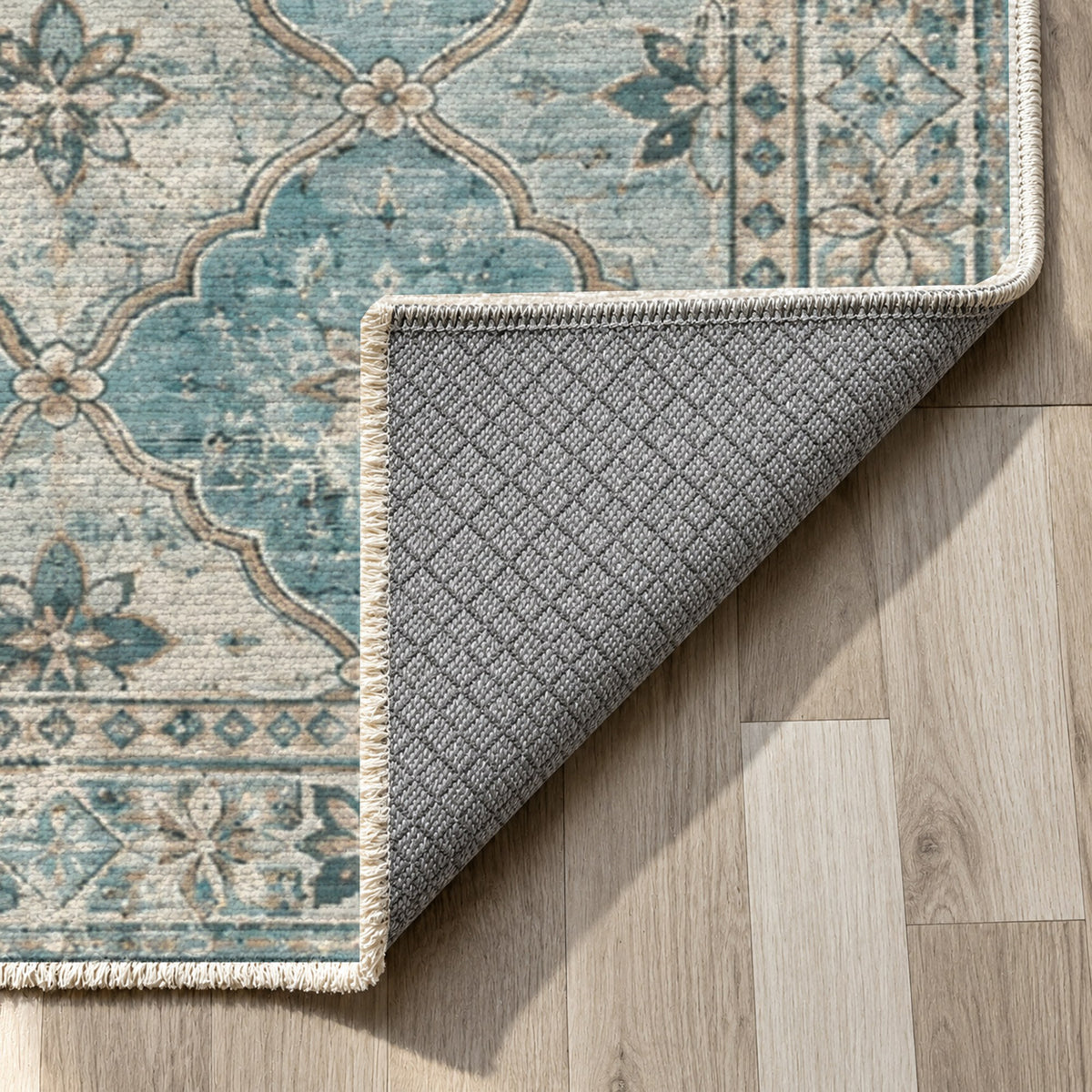 Weathered Mosaic Turquoise Blue Vintage Washable Rug — backing close up