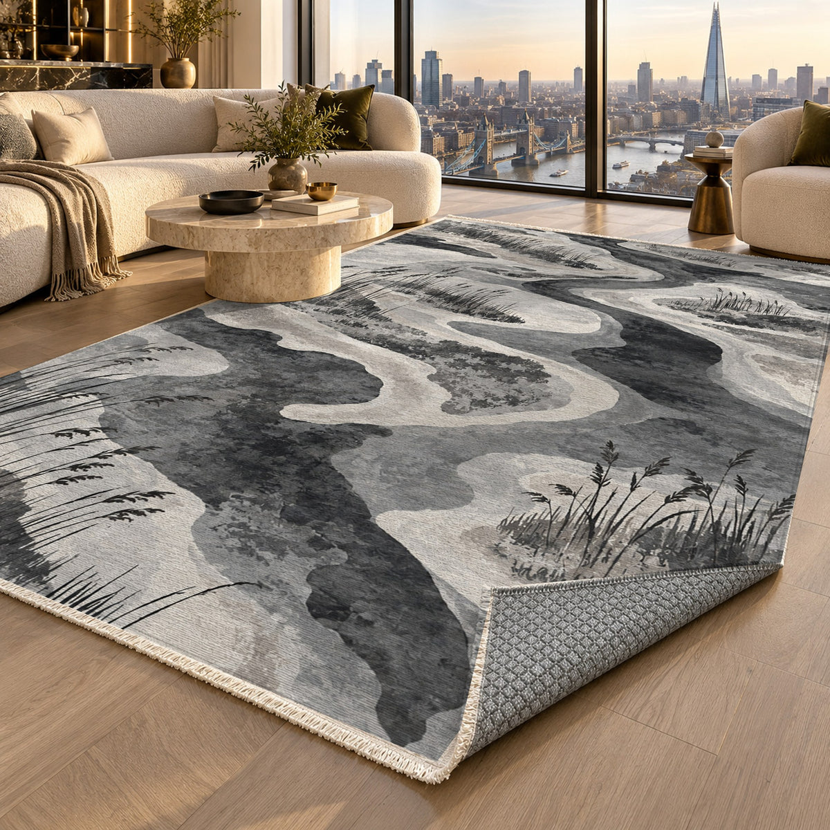 Wetland Reeds Charcoal Abstract Washable Rug — london luxury living