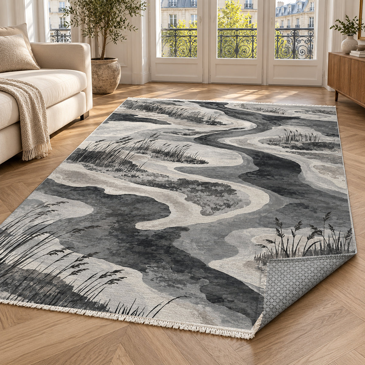 Wetland Reeds Charcoal Abstract Washable Rug — paris living