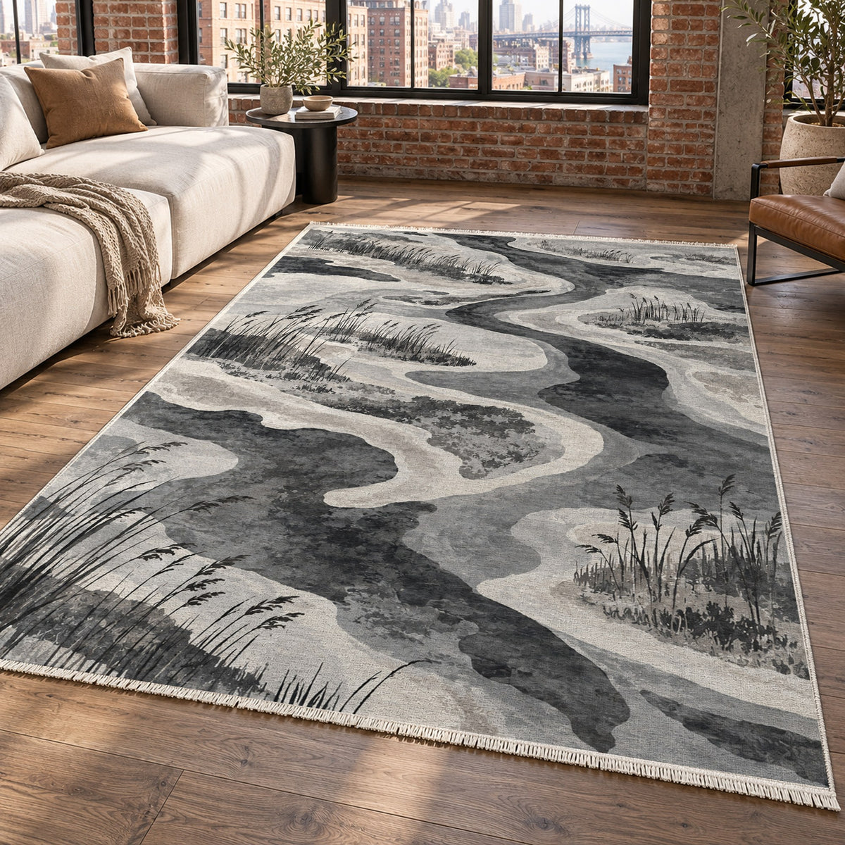 Wetland Reeds Charcoal Abstract Washable Rug — new york living