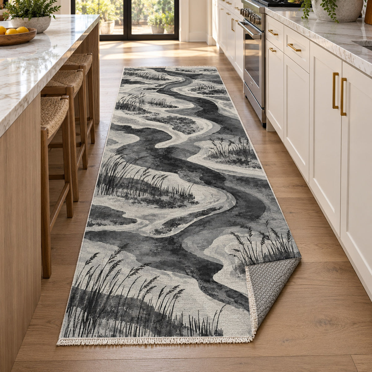 Wetland Reeds Charcoal Abstract Washable Rug — new york kitchen runner