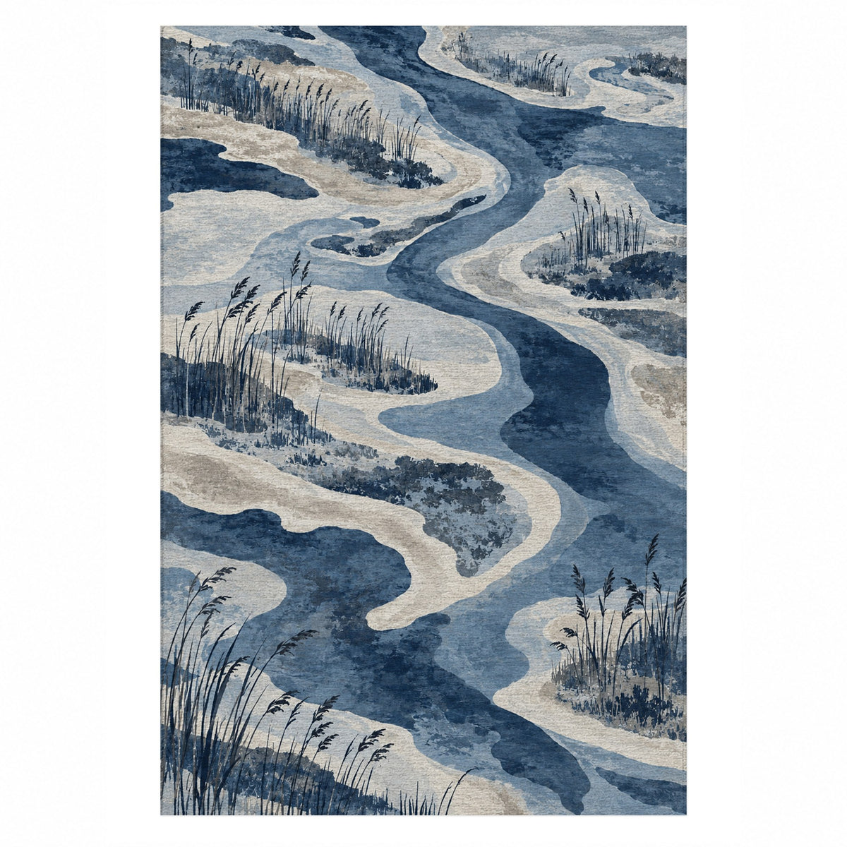 Wetland Reeds Indigo Abstract Washable Rug — top view
