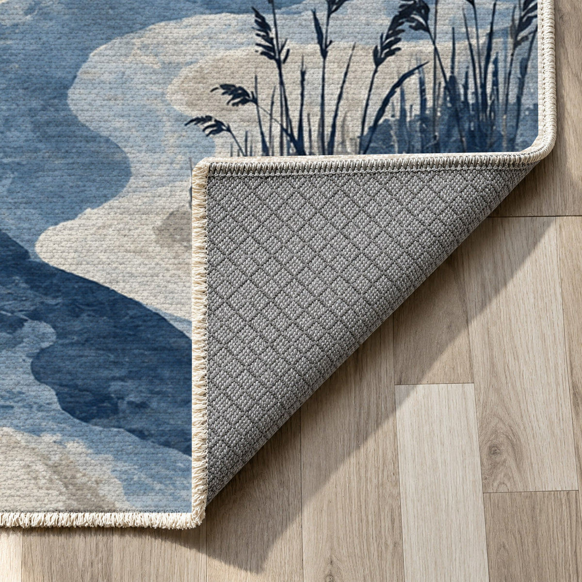 Wetland Reeds Indigo Abstract Washable Rug — backing close up