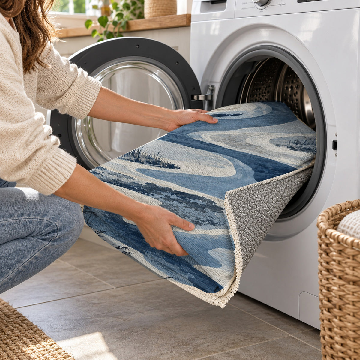 Wetland Reeds Indigo Abstract Washable Rug — washing machine