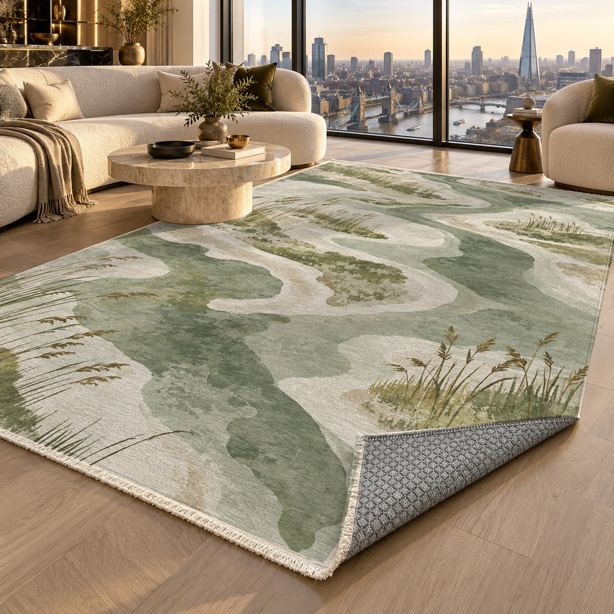 Wetland Reeds Sage Abstract Washable Rug — london luxury living
