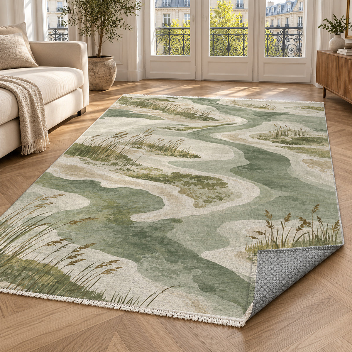 Wetland Reeds Sage Abstract Washable Rug — paris living