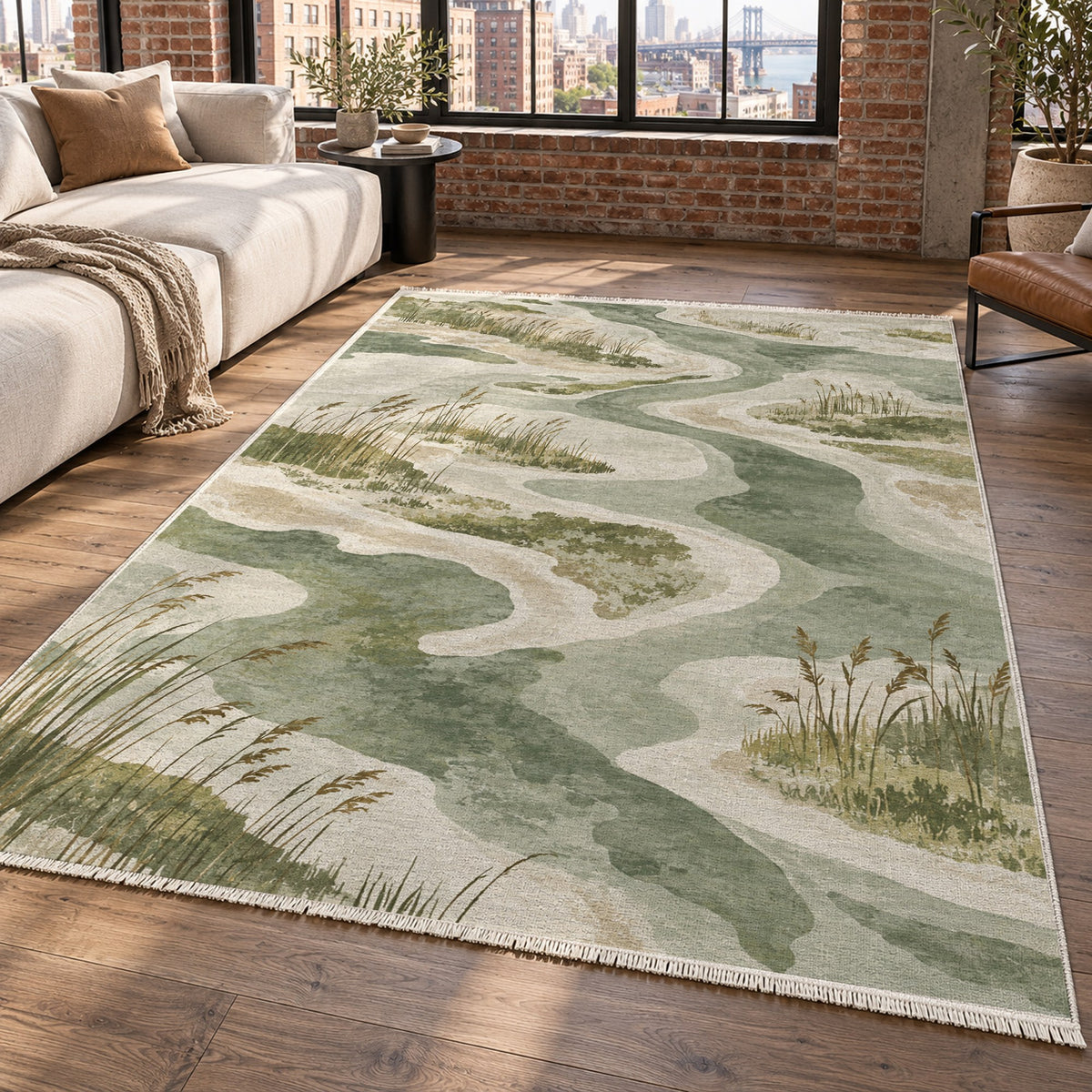 Wetland Reeds Sage Abstract Washable Rug — new york living