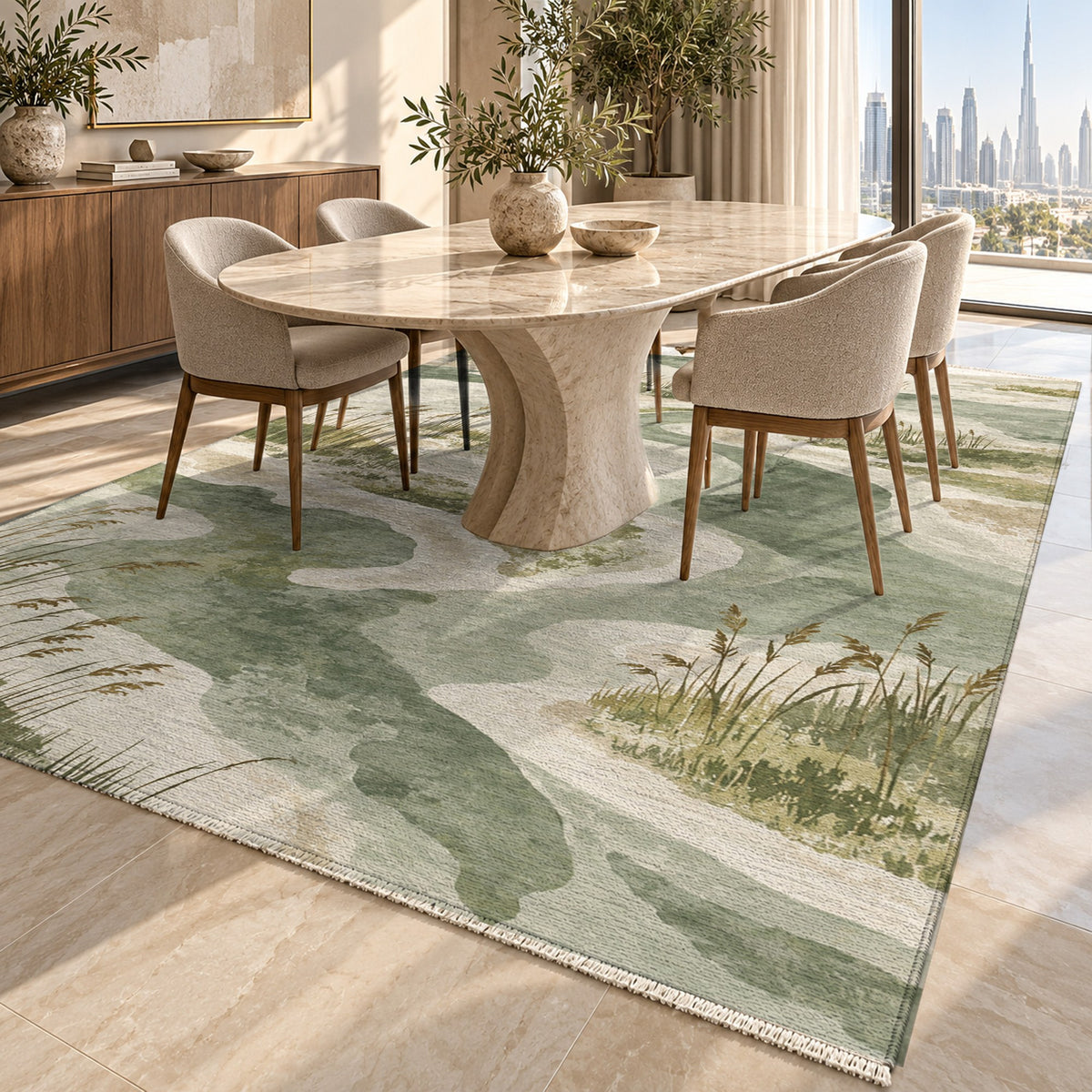 Wetland Reeds Sage Abstract Washable Rug — dubai dining