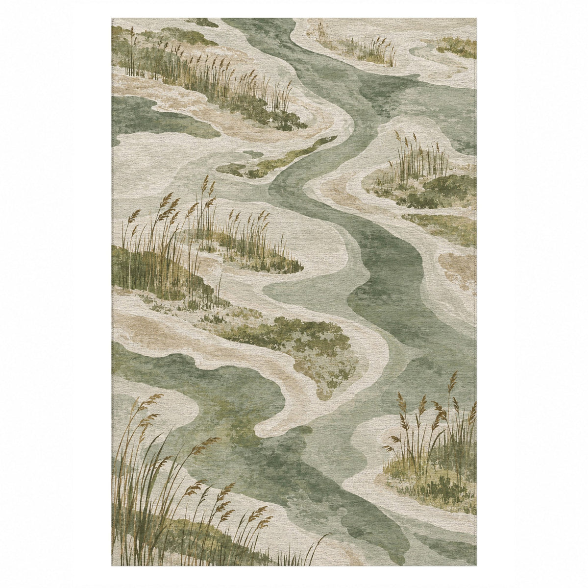 Wetland Reeds Sage Abstract Washable Rug — top view