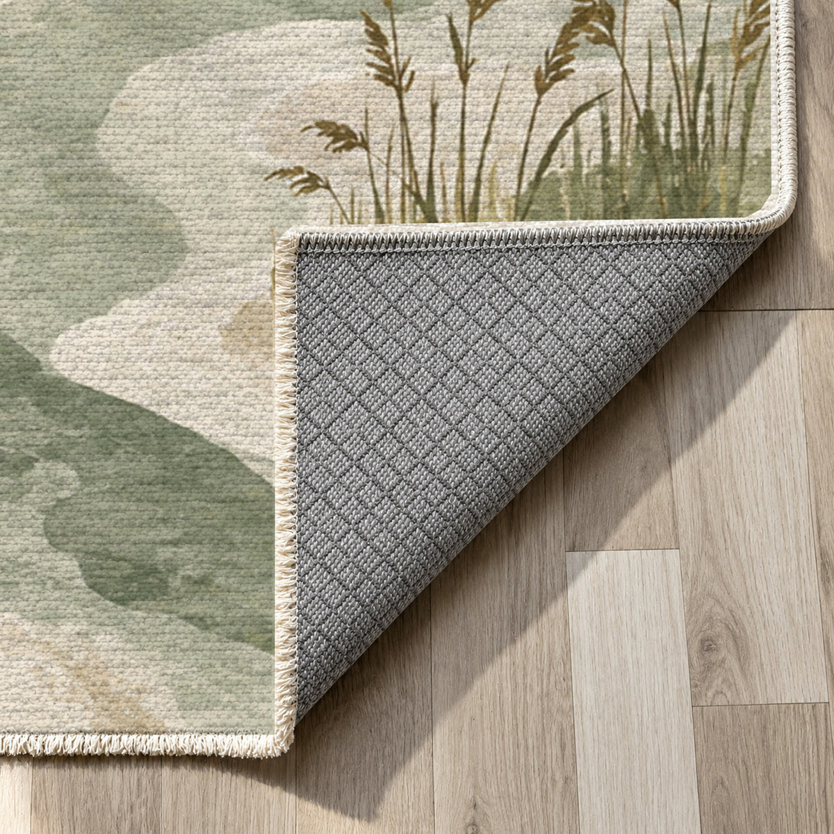 Wetland Reeds Sage Abstract Washable Rug — backing close up