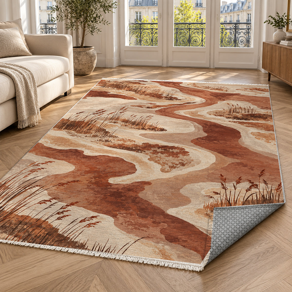 Wetland Reeds Terracotta Abstract Washable Rug — paris living