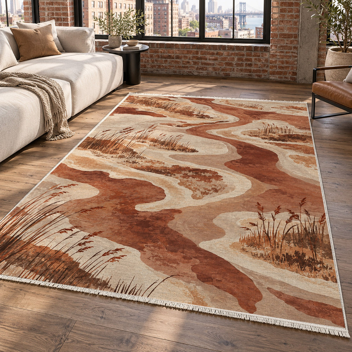 Wetland Reeds Terracotta Abstract Washable Rug — new york living