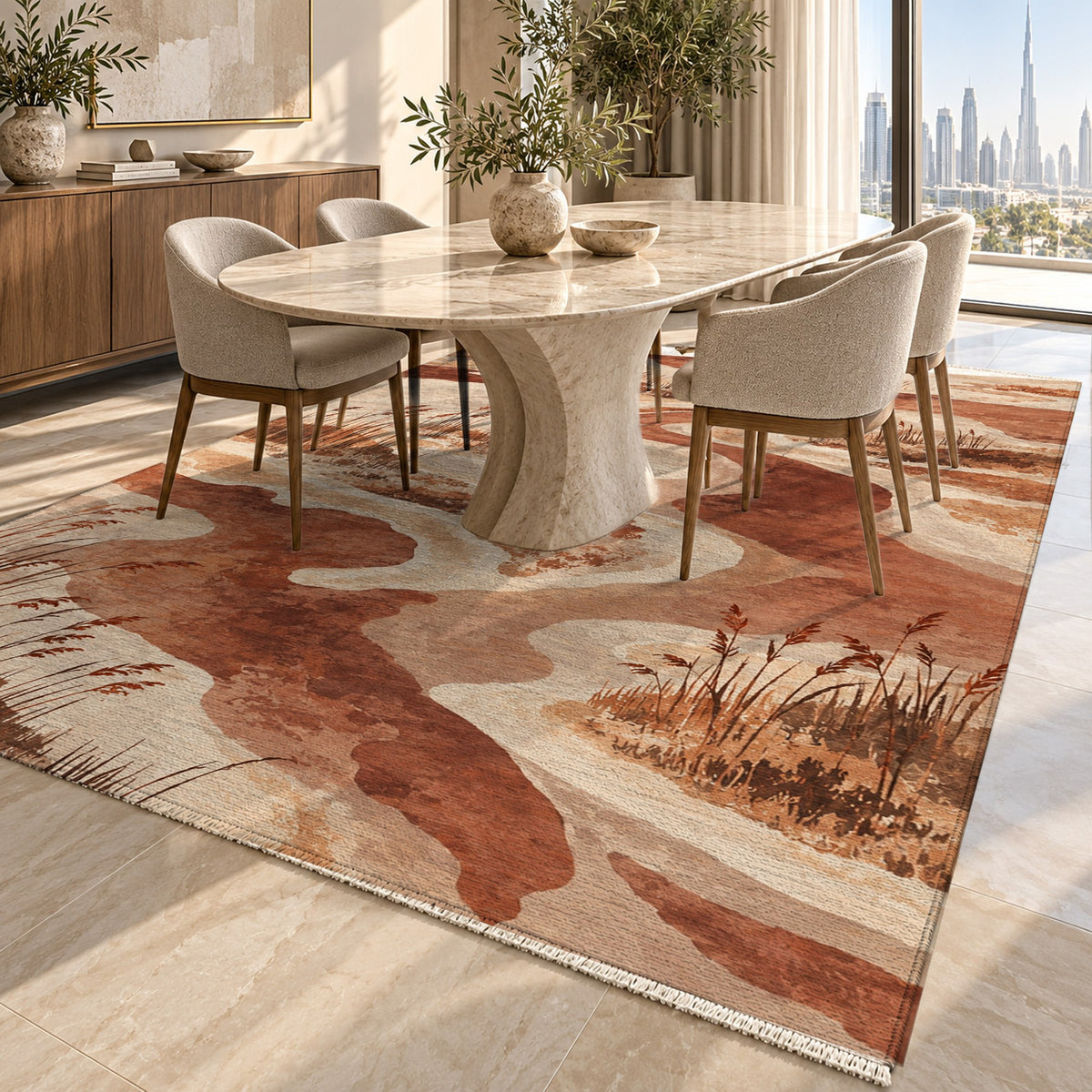 Wetland Reeds Terracotta Abstract Washable Rug — dubai dining