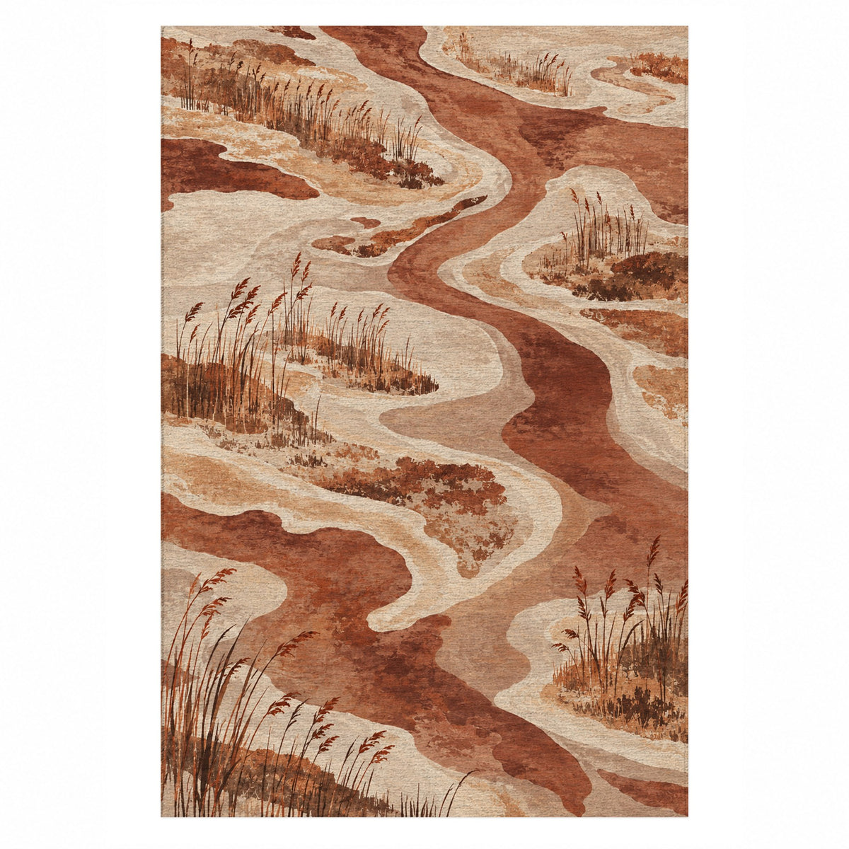 Wetland Reeds Terracotta Abstract Washable Rug — top view