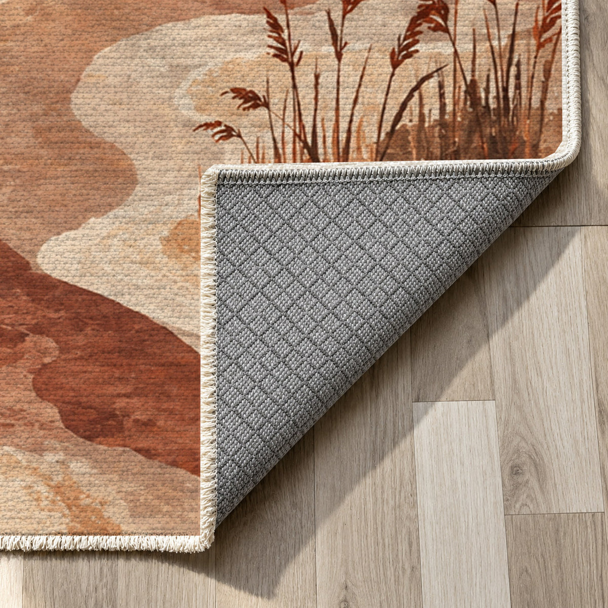 Wetland Reeds Terracotta Abstract Washable Rug — backing close up