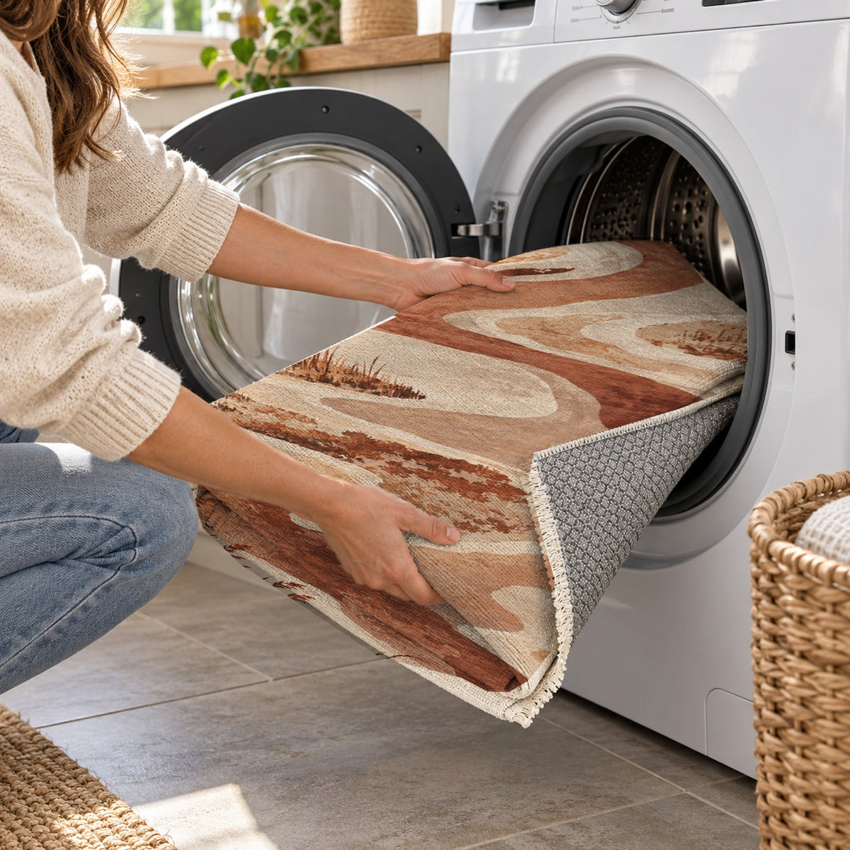 Wetland Reeds Terracotta Abstract Washable Rug — washing machine