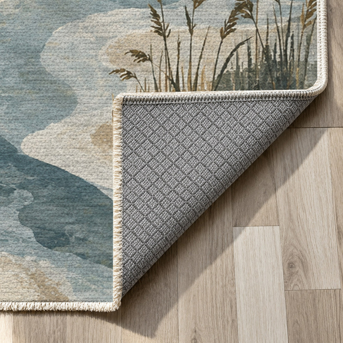 Wetland Reeds Abstract Washable Rug — backing close up