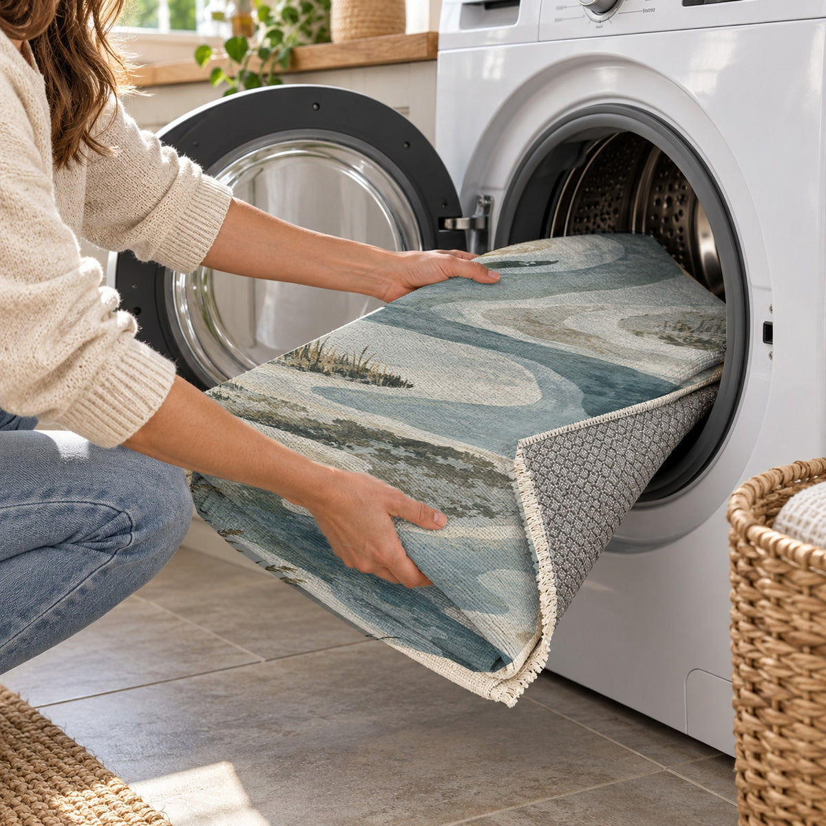 Wetland Reeds Abstract Washable Rug — washing machine