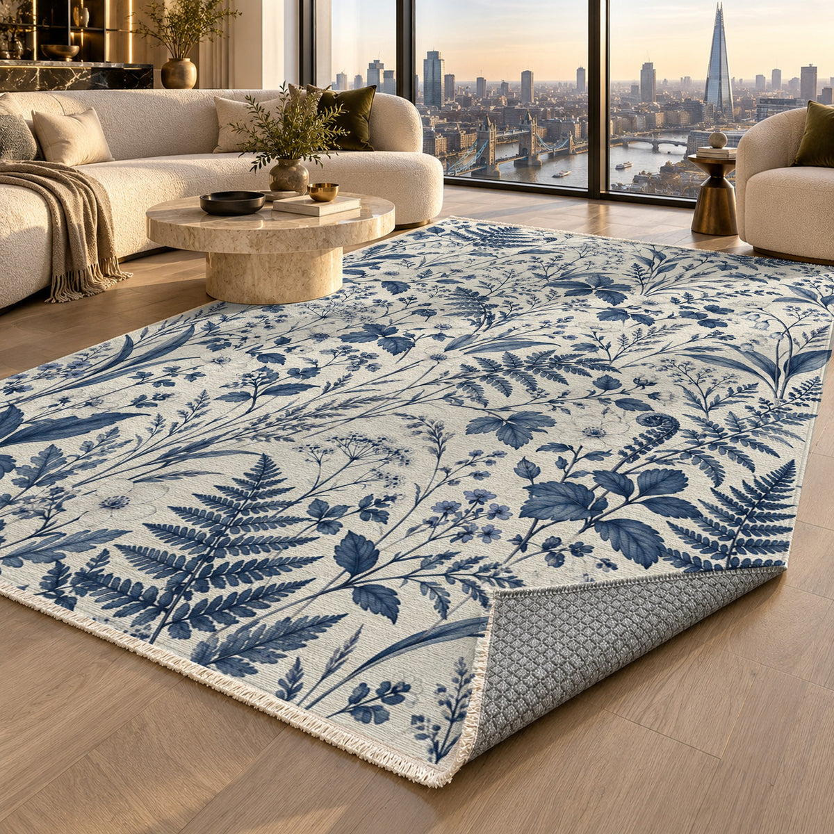 Wildflower Clearing Indigo Floral Washable Rug — london luxury living