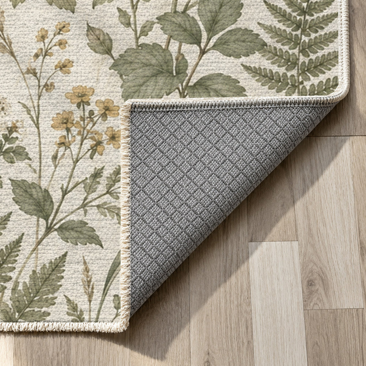Wildflower Clearing Sage Floral Washable Rug — backing close up