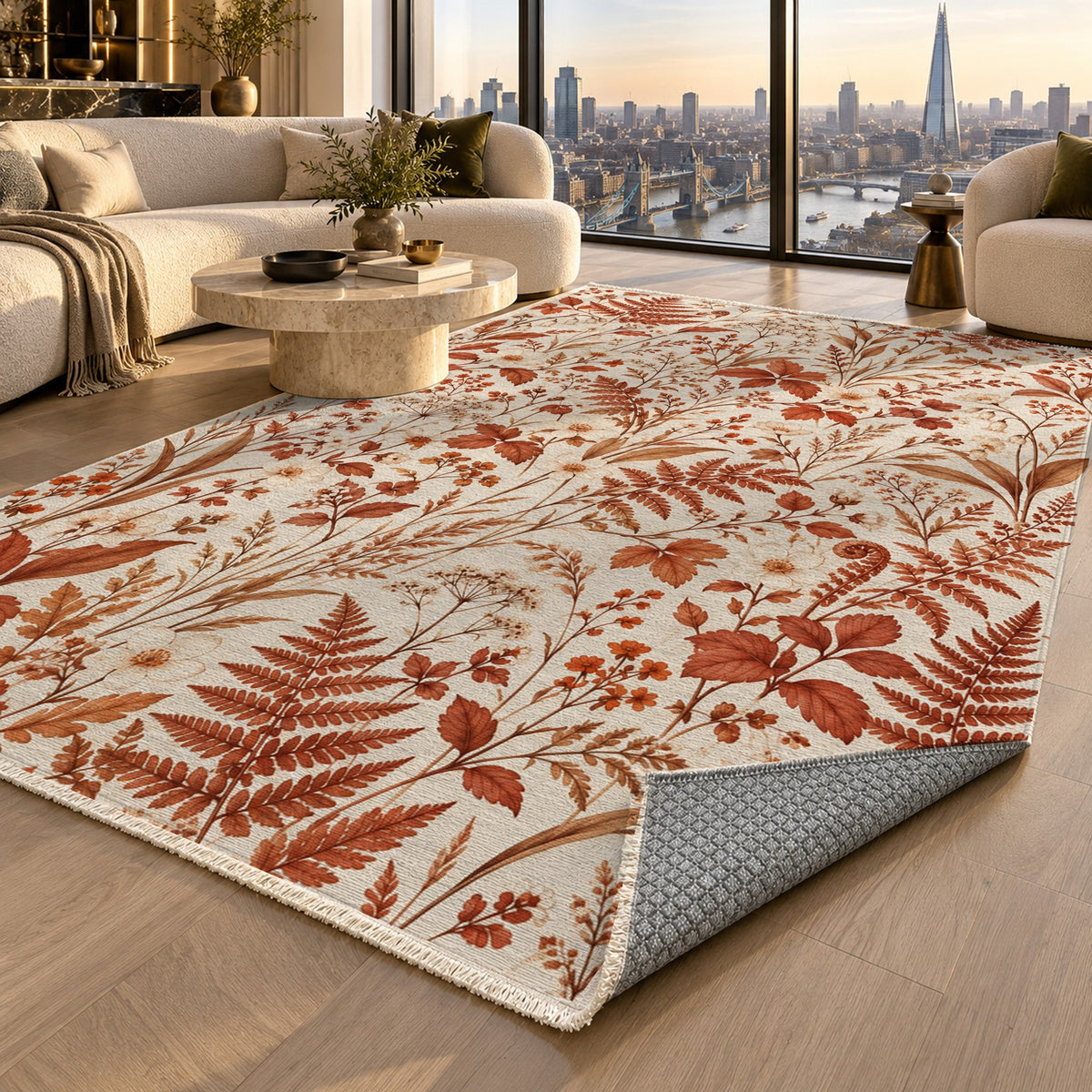 Wildflower Clearing Terracotta Floral Washable Rug — london luxury living
