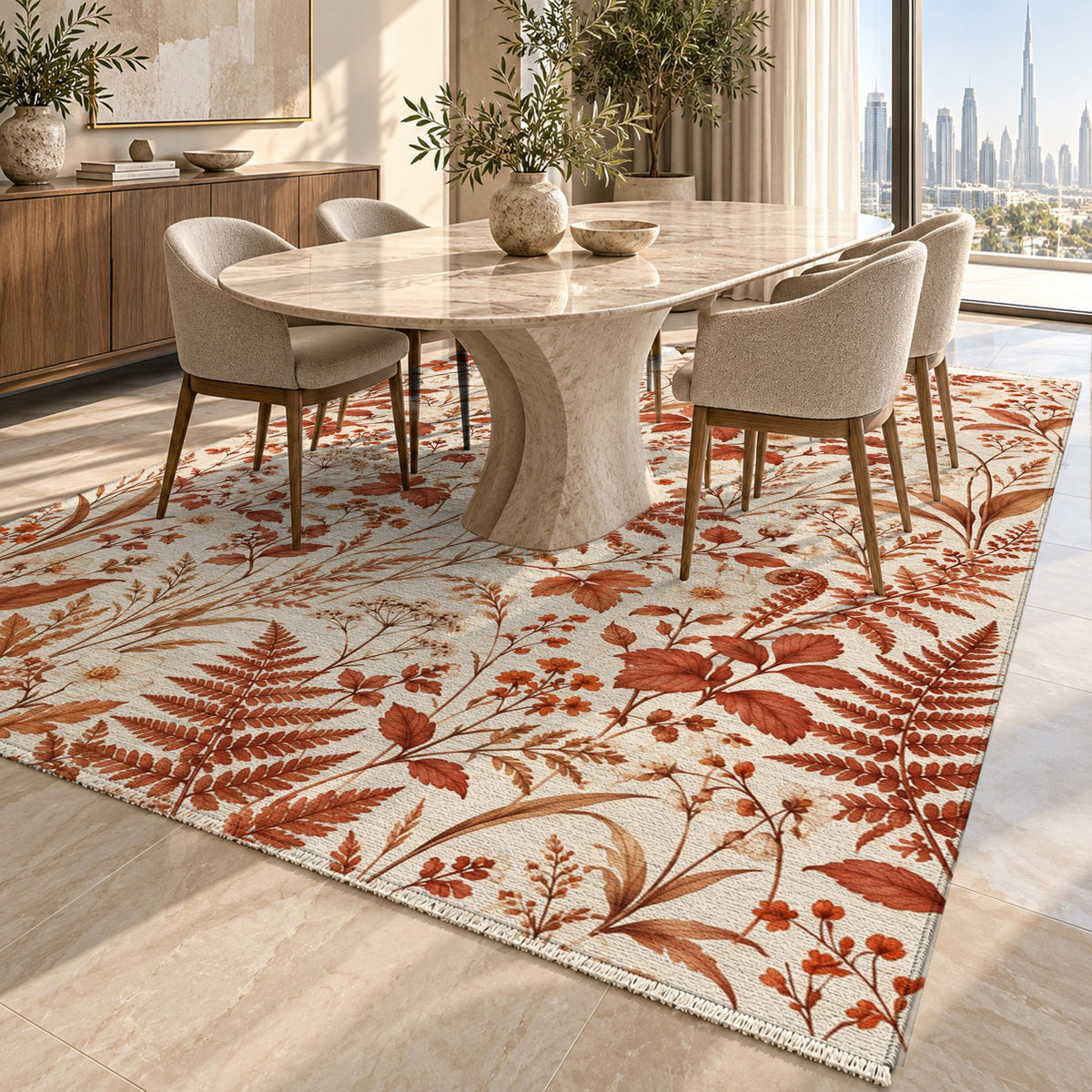 Wildflower Clearing Terracotta Floral Washable Rug — dubai dining
