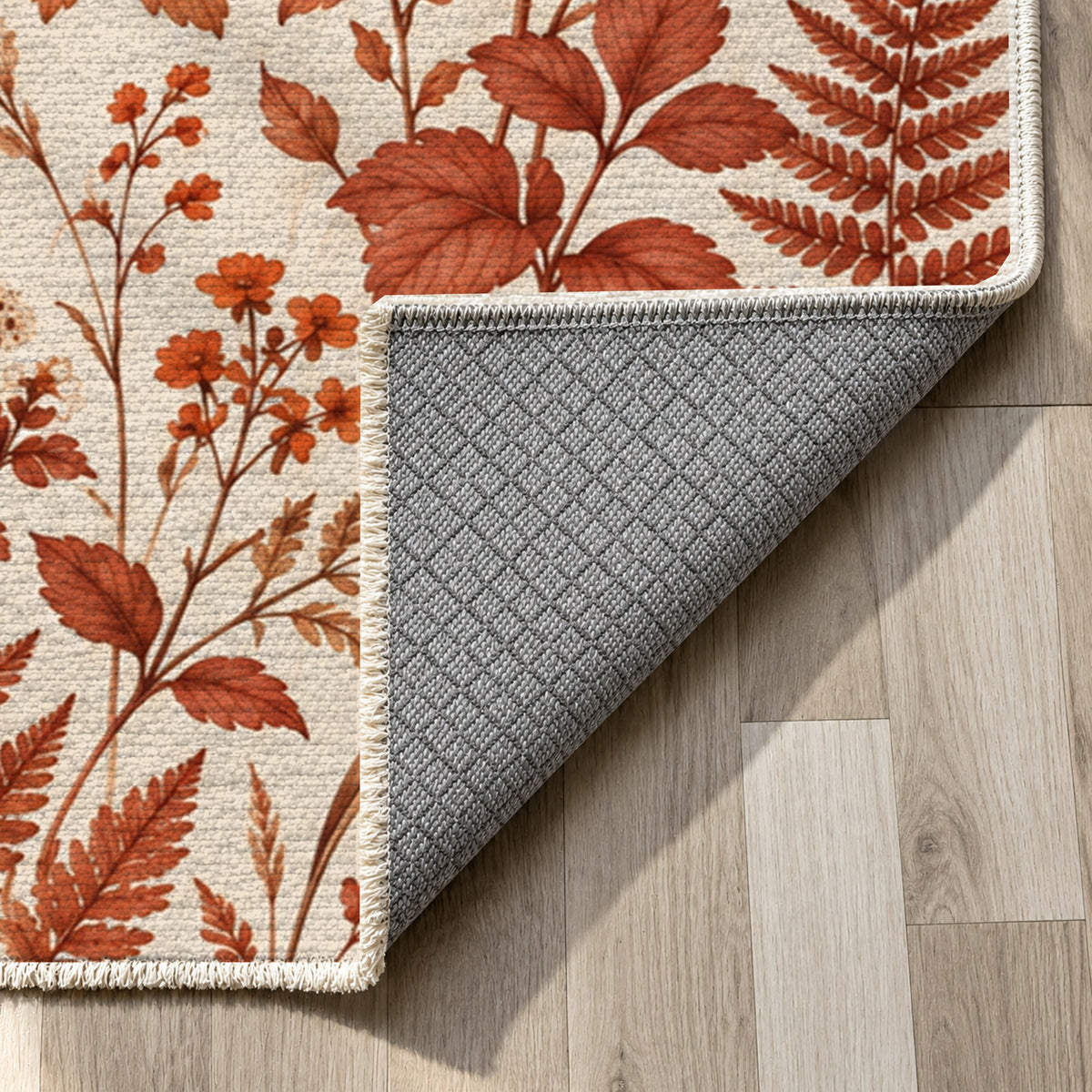 Wildflower Clearing Terracotta Floral Washable Rug — backing close up