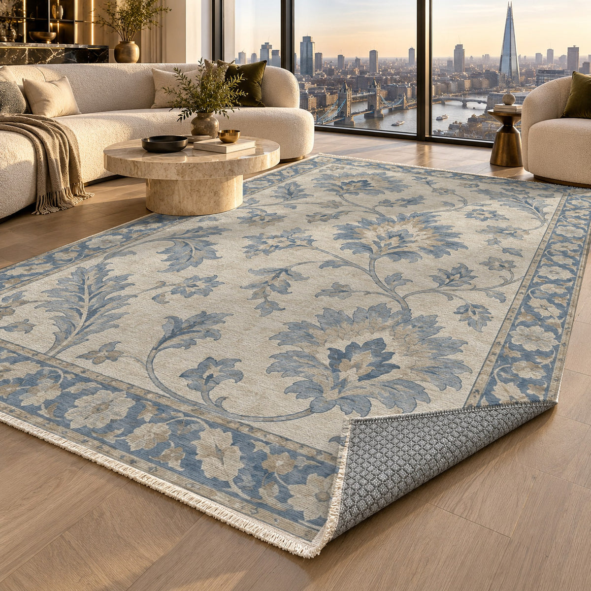 Willow Palmettes Blue Ivory Classic Washable Rug — london luxury living