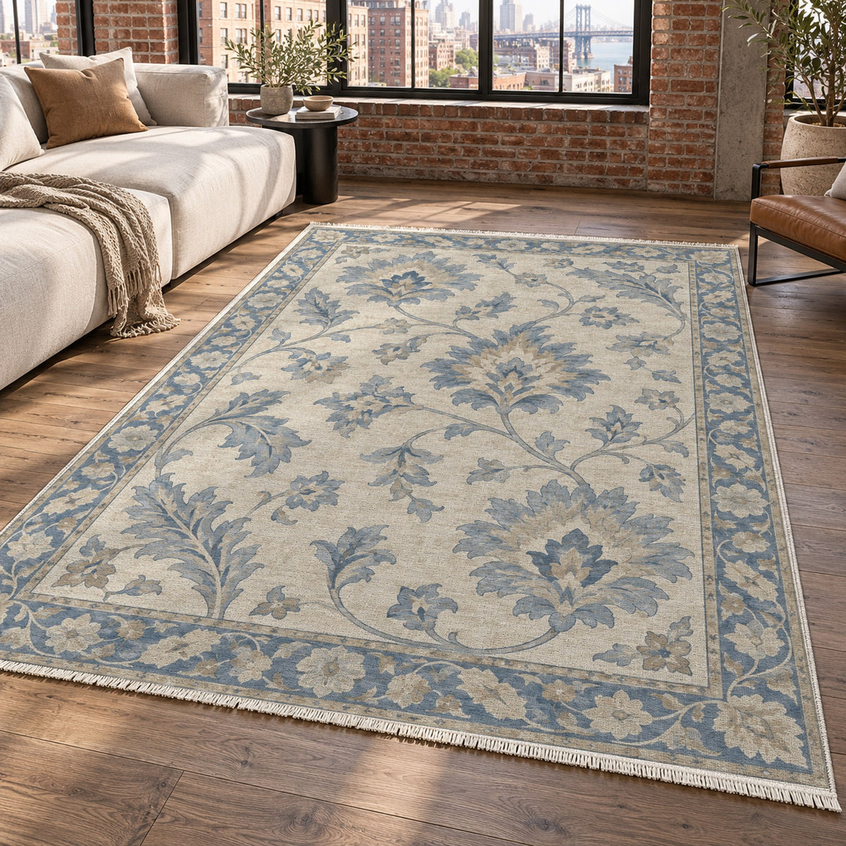 Willow Palmettes Blue Ivory Classic Washable Rug — new york living