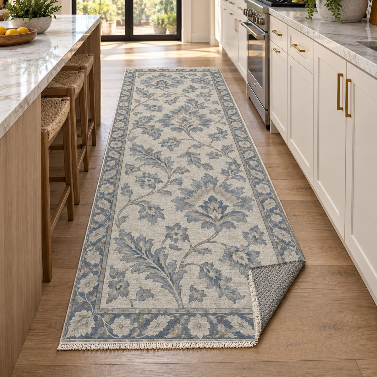 Willow Palmettes Blue Ivory Classic Washable Rug — new york kitchen runner