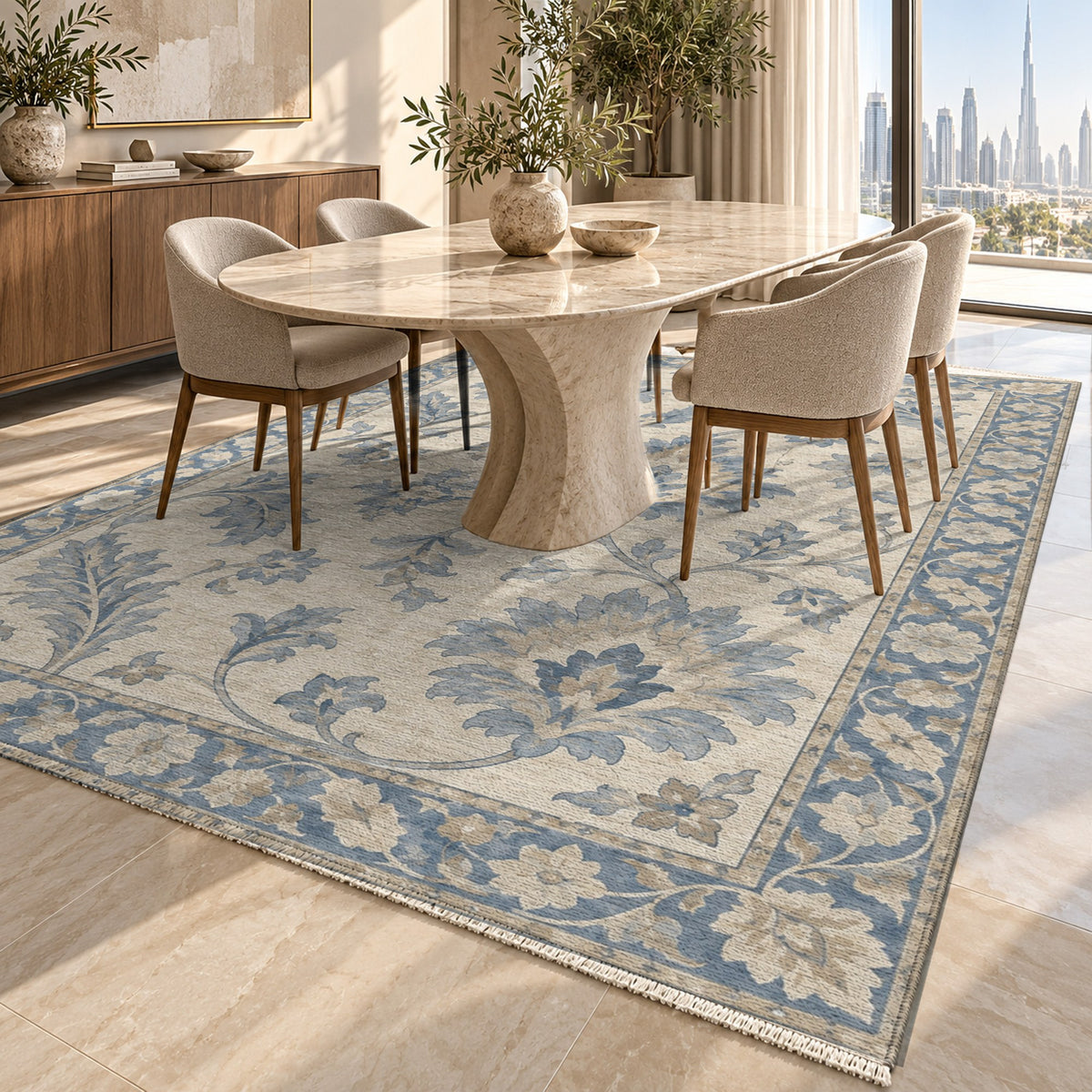Willow Palmettes Blue Ivory Classic Washable Rug — dubai dining