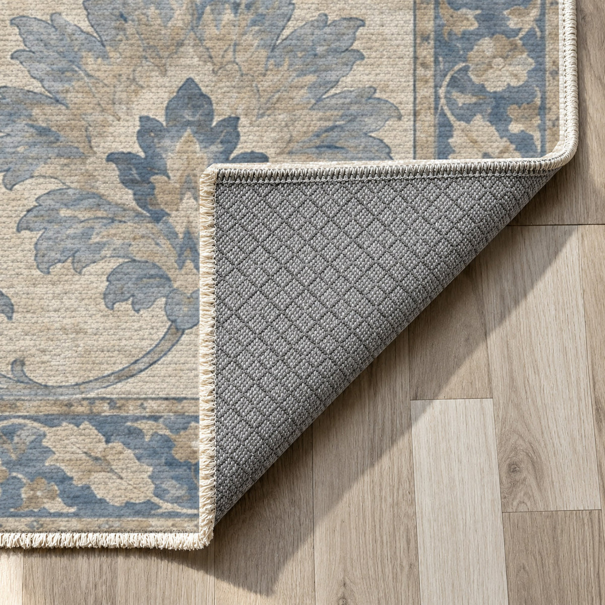Willow Palmettes Blue Ivory Classic Washable Rug — backing close up