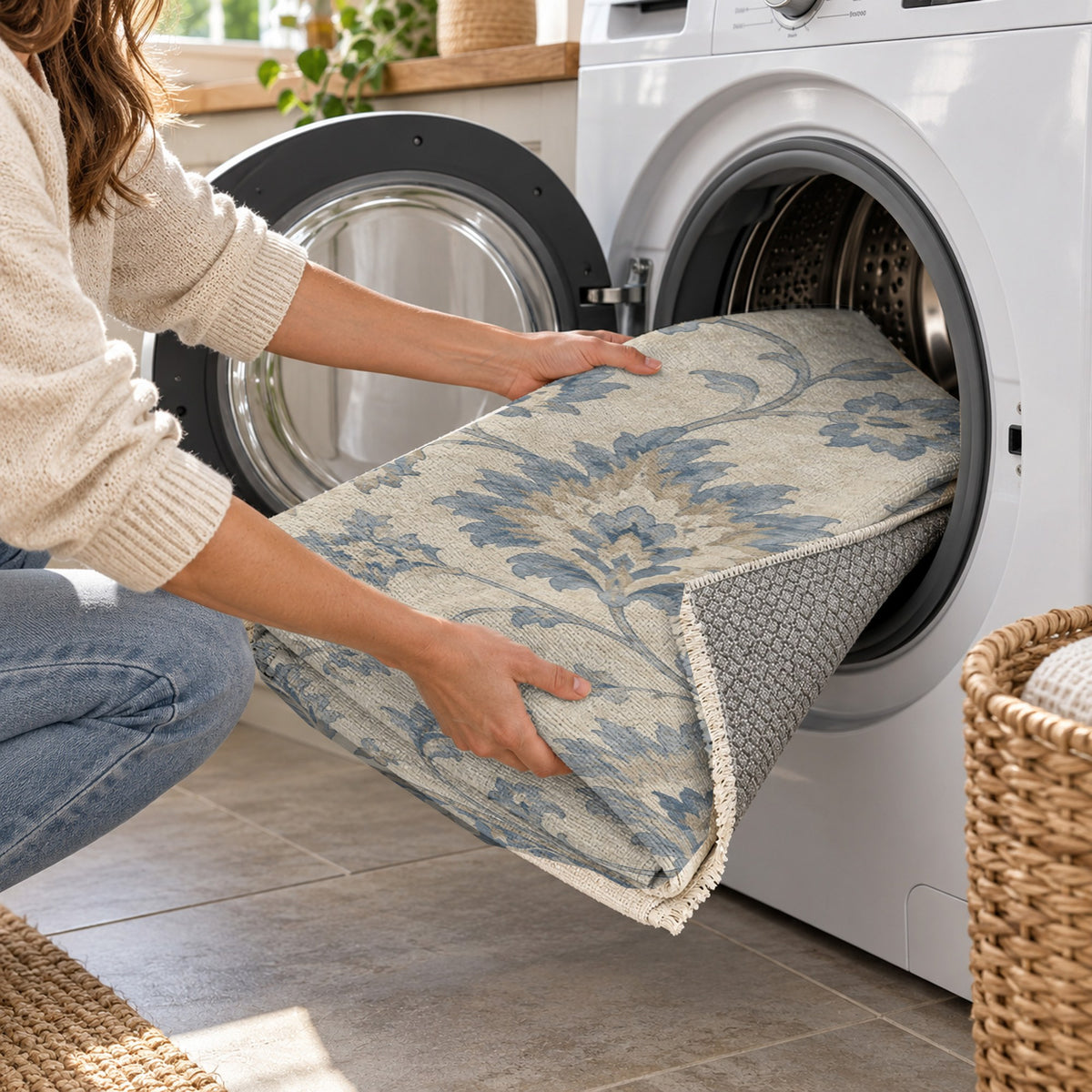 Willow Palmettes Blue Ivory Classic Washable Rug — washing machine
