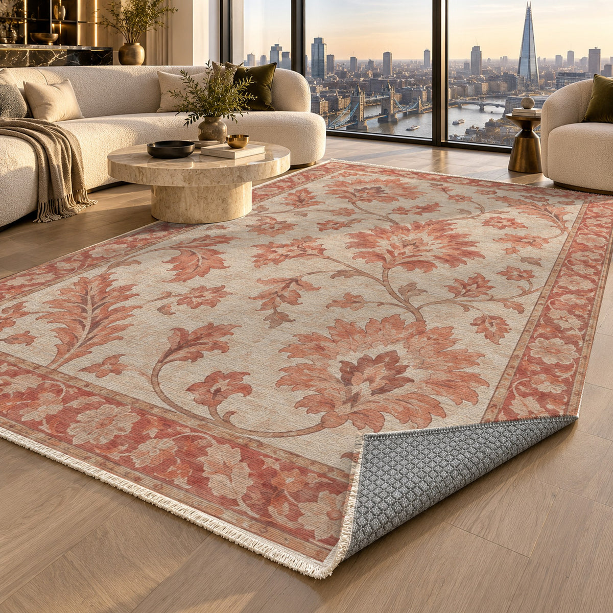 Willow Palmettes Coral Sand Classic Washable Rug — london luxury living