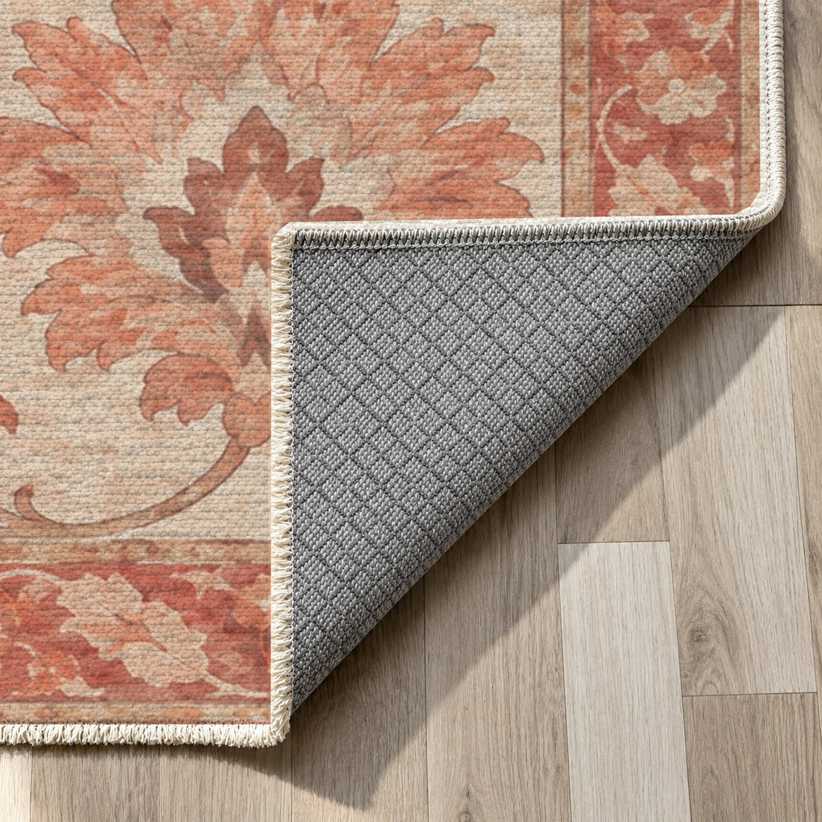 Willow Palmettes Coral Sand Classic Washable Rug — backing close up