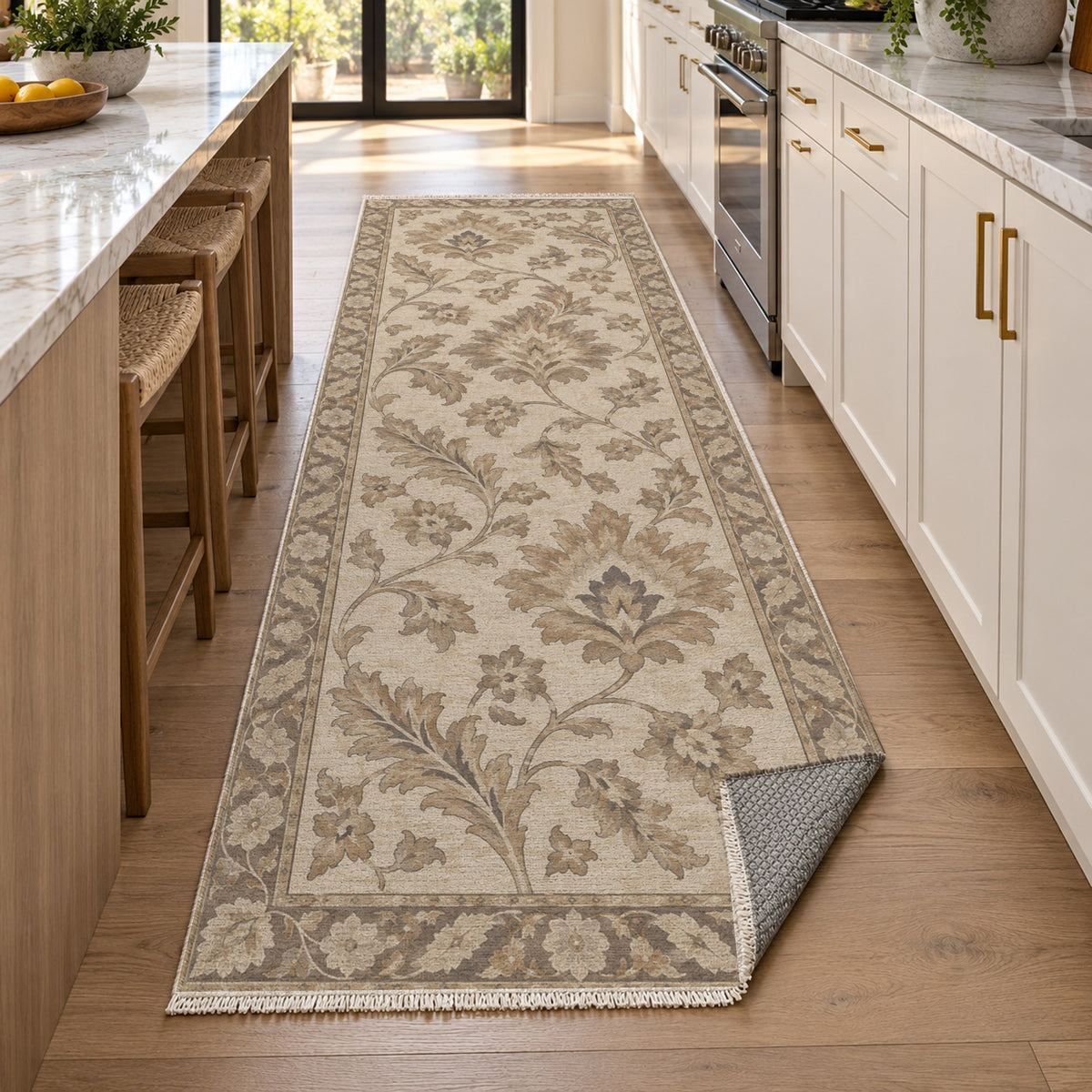 Willow Palmettes Ivory Taupe Classic Washable Rug — new york kitchen runner