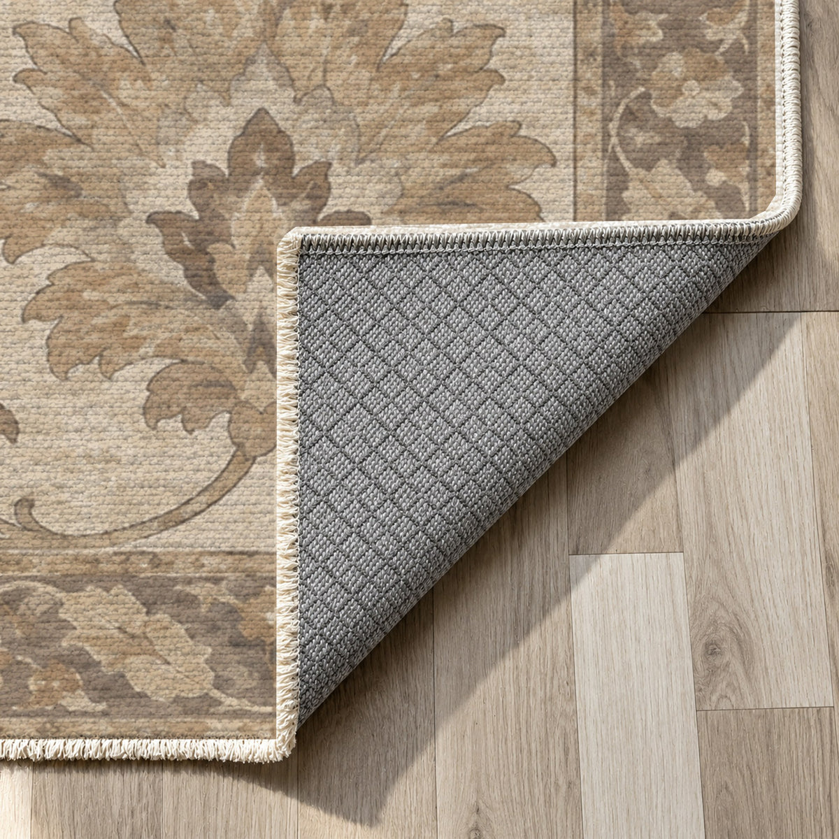 Willow Palmettes Ivory Taupe Classic Washable Rug — backing close up