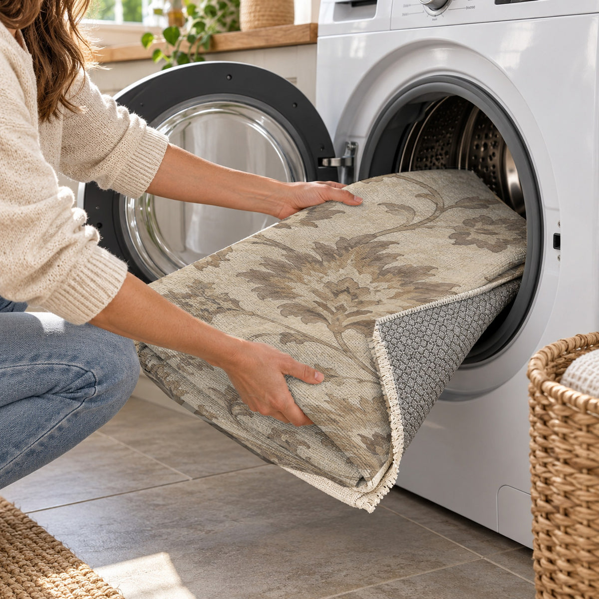Willow Palmettes Ivory Taupe Classic Washable Rug — washing machine