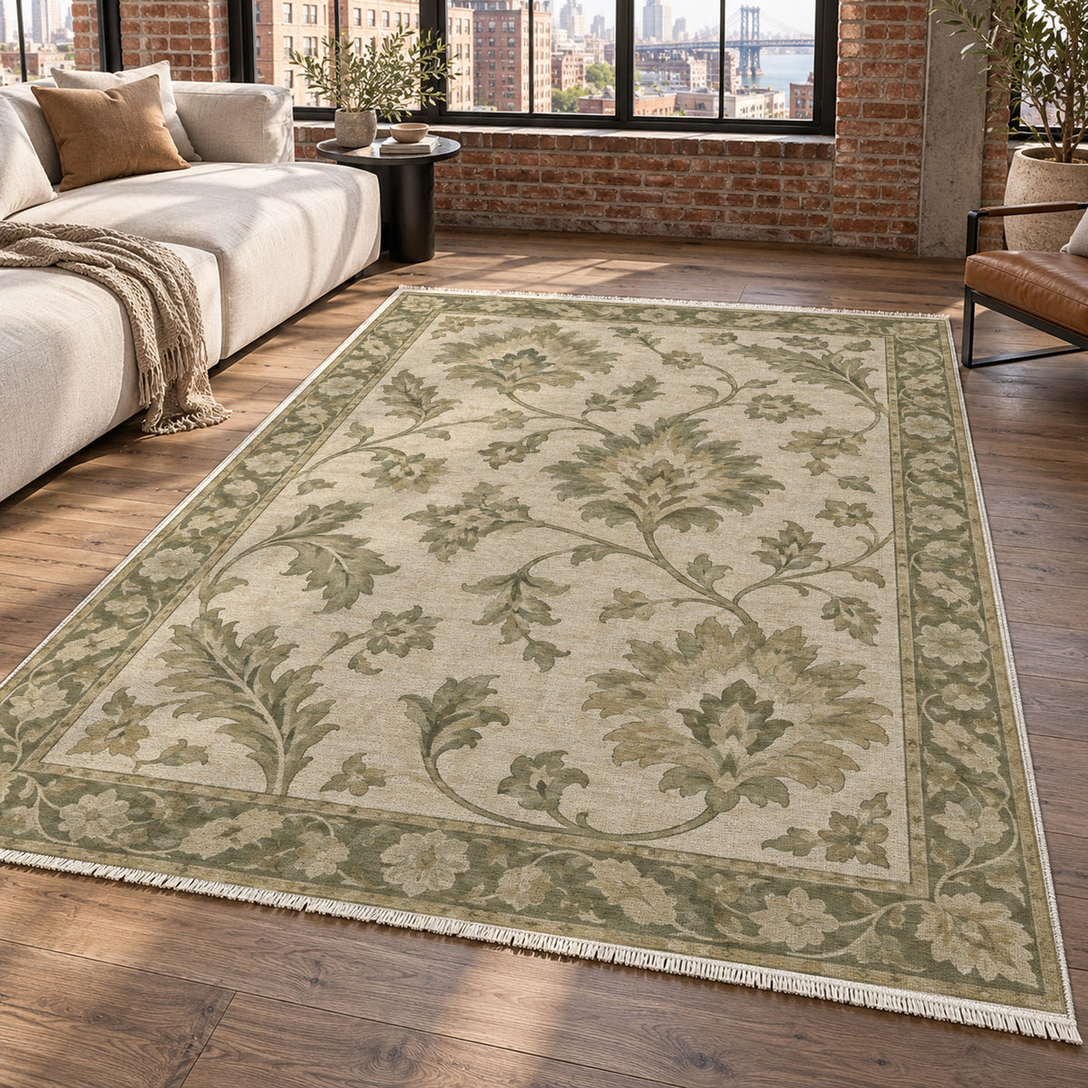 Willow Palmettes Sage Cream Classic Washable Rug — new york living