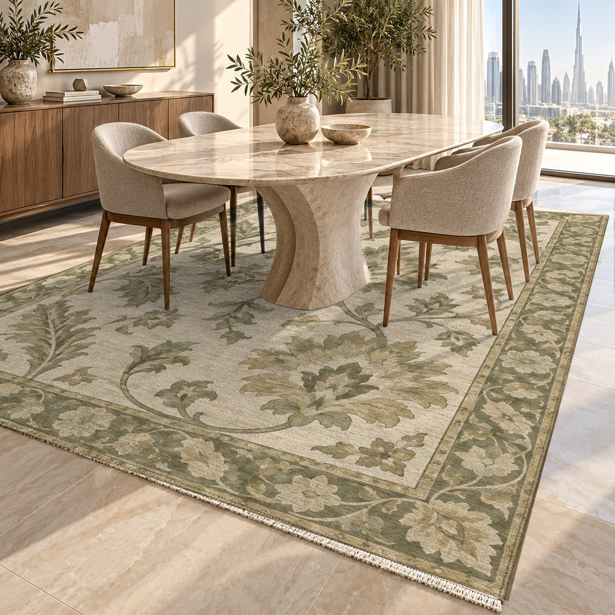 Willow Palmettes Sage Cream Classic Washable Rug — dubai dining