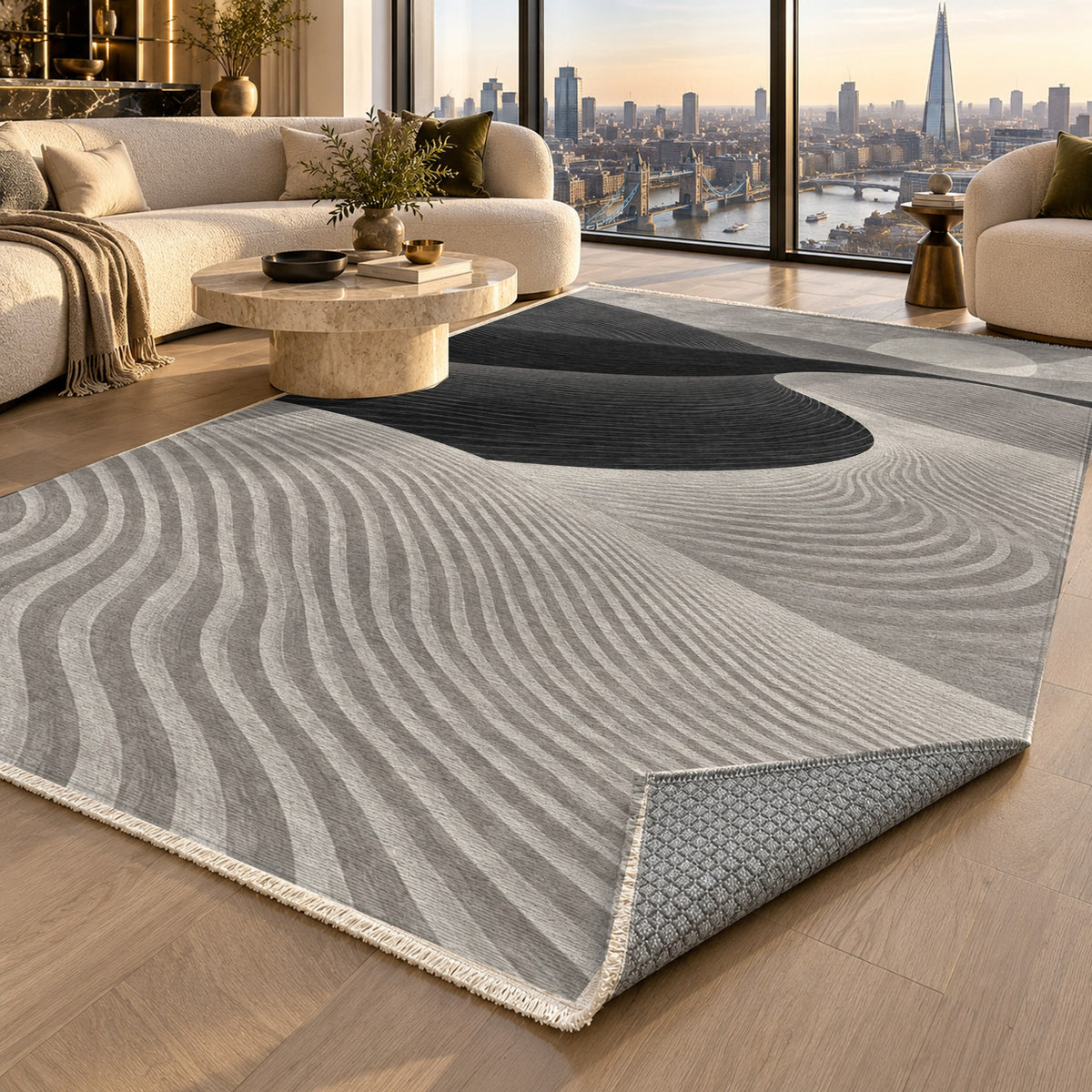 Wind Lines Charcoal Modern Washable Rug — london luxury living