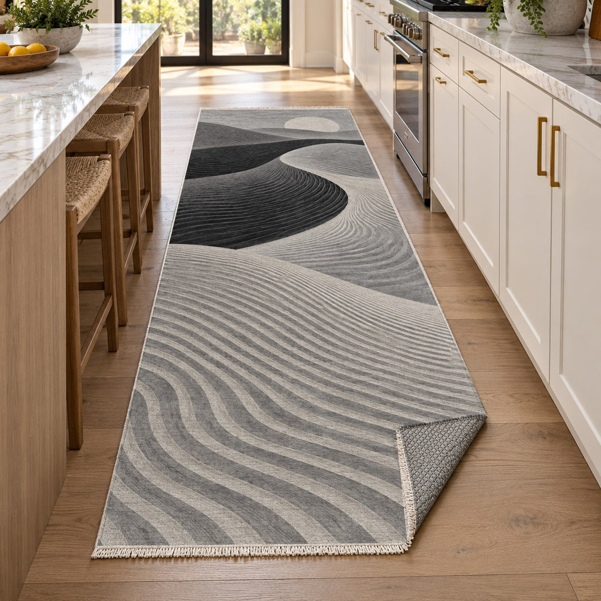 Wind Lines Charcoal Modern Washable Rug — new york kitchen runner