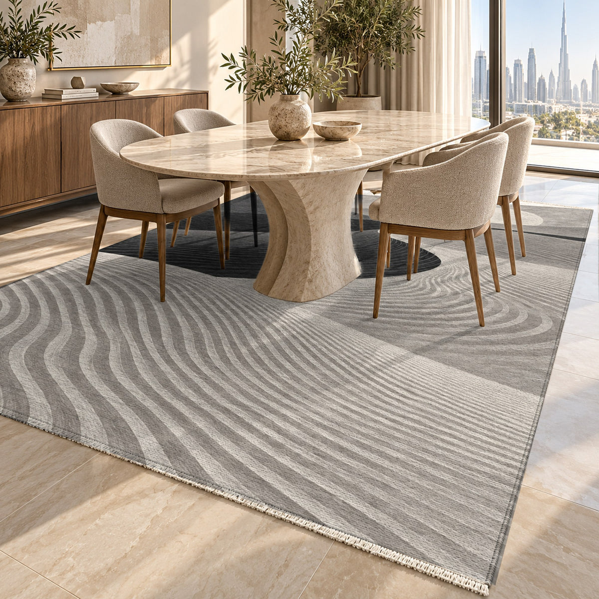 Wind Lines Charcoal Modern Washable Rug — dubai dining