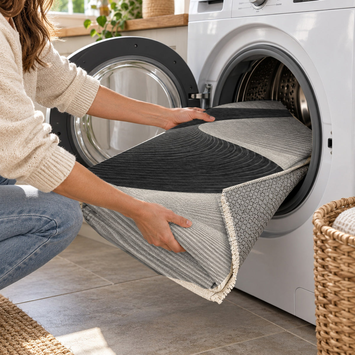 Wind Lines Charcoal Modern Washable Rug — washing machine