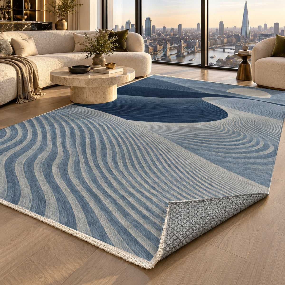 Wind Lines Indigo Modern Washable Rug — london luxury living