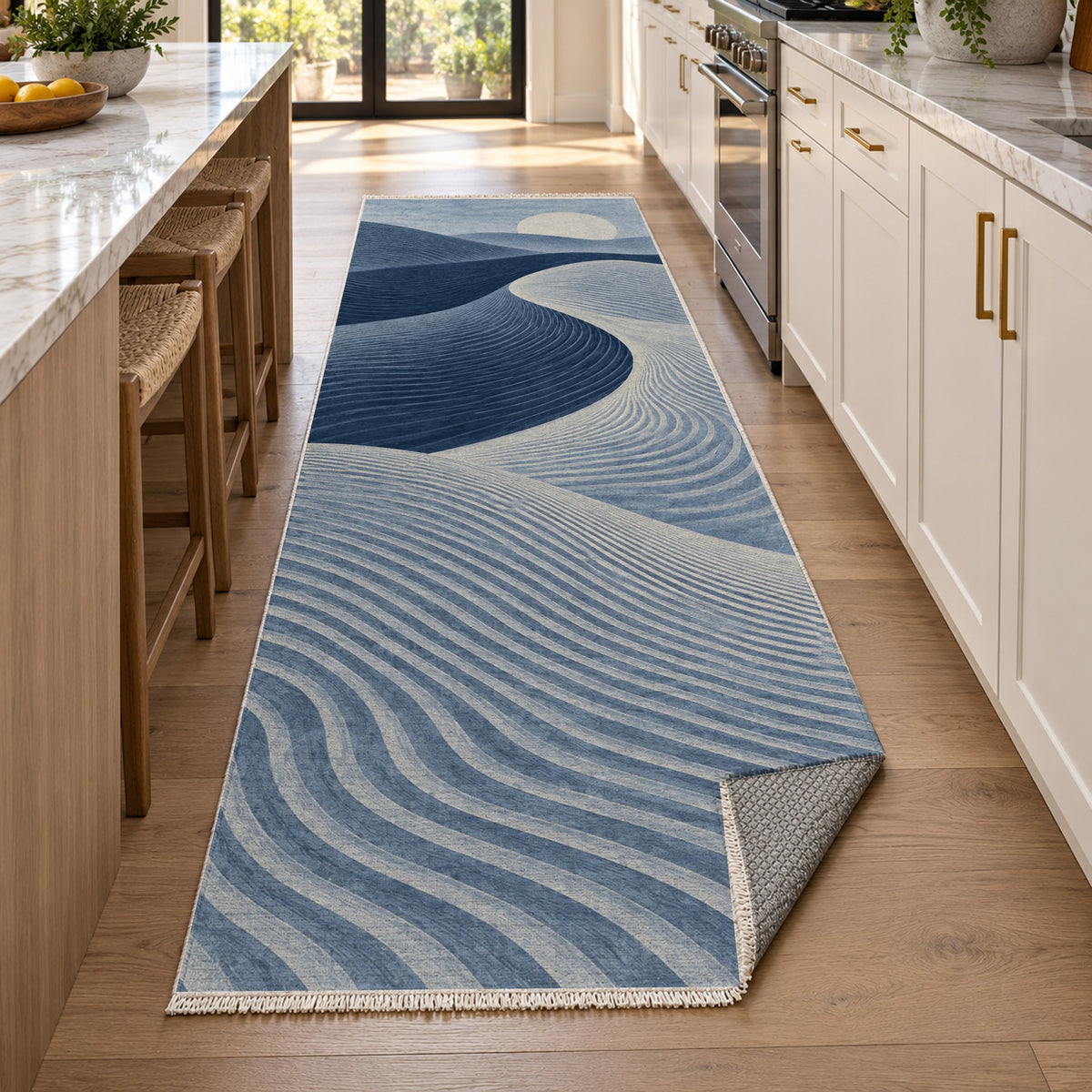 Wind Lines Indigo Modern Washable Rug — new york kitchen runner