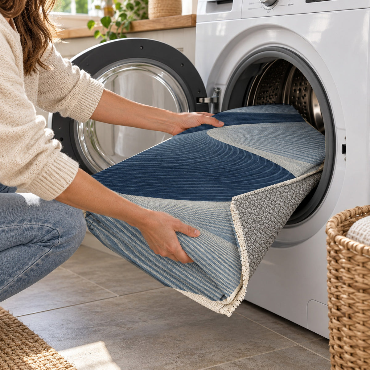 Wind Lines Indigo Modern Washable Rug — washing machine